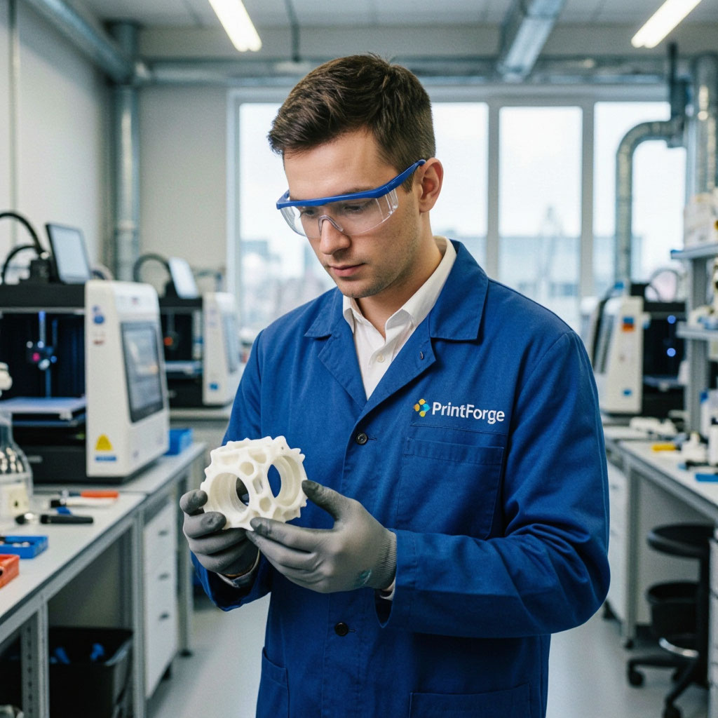 Engineer inspecting a printed part